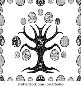 Seamless pattern background with beautiful vintage tree and Easter eggs. Happy Easter. Vector illustration.
