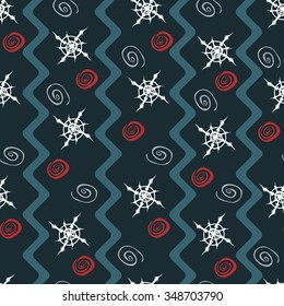 Seamless pattern background with beautiful winter snowflakes and geometric ornament in hand-drawn doodle style. Merry Christmas and Happy New Year. Vector illustration.