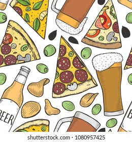 Seamless pattern background of beer and pizza in an old engraving style.
