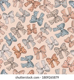 Seamless pattern background with beige dotted bow and bow-tie. Vector backdrop for holiday decorating greeting cards for wedding, birthday, Valentine's day, new year, Christmas.