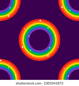 Seamless Pattern Background BG Fabulous Rainbow Ring in Universe. Purple Sky Pride Month. Multicolored LGBT LGBTQIA Galaxy Space. Colorful Circular. LGBT+ Geometric Wallpaper.