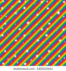 Seamless Pattern Background BG Rainbow Slanting Striped Fabulous Pride Month. Multicolored LGBT LGBTQIA Linear. Colorful Star Shape. LGBT+ Geometric Wallpaper.