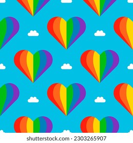 Fondo De Patrón Sin Marea BG Corazón Arcoiris. El amor y el sueño en el mes del orgullo. Globo LGBT LGBTQIA multicolor y cielo azul y nube blanca. Papel de escritorio geométrico LGBT+ de ajuste colorido.