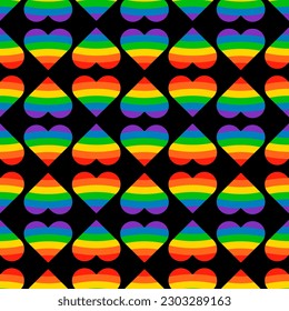 Seamless Pattern Background BG Rainbow Heart Love Pride Month. Multicolored LGBT LGBTQIA Tolerance. Colorful Wrapping Present Gift Paper. LGBT+ Geometric Wallpaper Design.