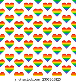 Fondo De Patrón Sin Marea BG Rainbow Heart Love Pride Mes (Mes del Orgullo Arcoiris). Corazones LGBT multicolores. Papel de regalo presente y envuelto colorido. Papel de escritorio geométrico LGBT+.