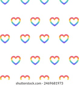 Seamless Pattern Background BG rainbow heart love Pride Month. Multicolored LGBT LGBTQIA Hearts. Colorful Wrapping Present Gift Paper. LGBT+ Geometric Wallpaper.