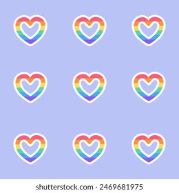 Seamless Pattern Background BG rainbow heart love Pride Month. Multicolored LGBT LGBTQIA Hearts. Colorful Wrapping Present Gift Paper. LGBT+ Geometric Wallpaper.