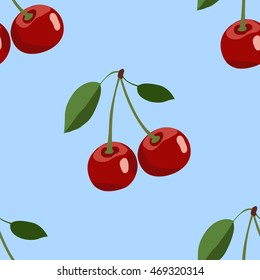 Seamless pattern background big cherry red ripe berrie. Blue background