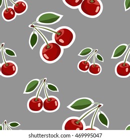 Seamless pattern background, big cherry red stickers different sizes ripe berrie. Gray background