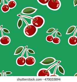 Seamless pattern background, big cherry red stickers different sizes ripe berrie. Green background
