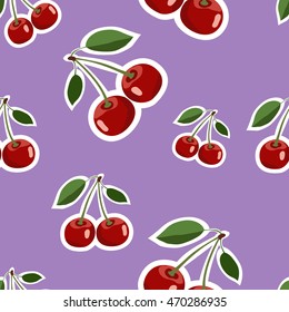Seamless pattern background, big cherry red stickers different sizes ripe berrie. Purple background