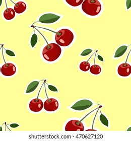 Seamless pattern background, big cherry red stickers different sizes ripe berrie. Yellow background