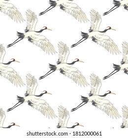 Seamless pattern, background with birds. White Heron, crane. Vector illustration. Isolated on a white background.