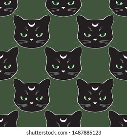 Seamless pattern background with black cat faces. Moon kitten character. Vector illustration