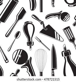 Seamless pattern background with black hand drawn kitchen tools vector illustration