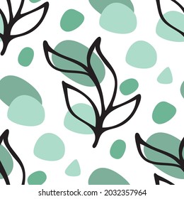 Seamless pattern background with black ink floral leaves hand drawn doodle and abstract round shape in blue green tones on white