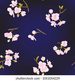 Seamless pattern, background with blooming cherry japanese sakura in soft rose pink colors. Stock vectorÂ illustration. Ã?olorful on black background.