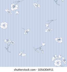 Seamless pattern, background with blooming cherry japanese sakura in vintage blue and beige colors. Stock vectorÂ illustration. 
