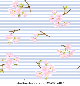 Seamless pattern, background with blooming cherry japanese sakura in soft rose pink colors. Stock vectorÂ illustration. Ã?olorful on sky blue stripes background.