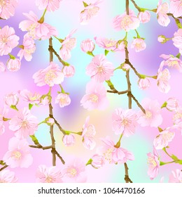 Seamless pattern, background with blooming cherry japanese sakura in soft rose pink colors. Stock vectorÂ illustration. In light ultra violet pastel colors on mesh pink, blue backgroundÂ 