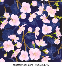 Seamless pattern, background with blooming cherry japanese sakura in soft rose pink colors. Stock vectorÂ illustration. Isolated on dark blue background. Colored and outline pattern.
