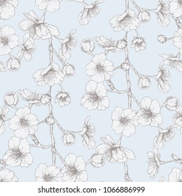 Seamless pattern, background with blooming cherry japanese sakura in vintage blue and beige colors. Stock vector illustration. 