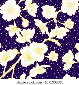 Seamless pattern, background with blooming cherry japanese sakura in white and yellow on dark ultra violet background with dots. Stock vector illustration. 