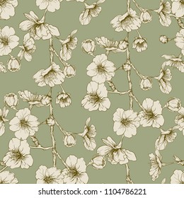 Seamless pattern, background with blooming cherry japanese sakura in vintage green olive and beige colors. Stock vector illustration. 