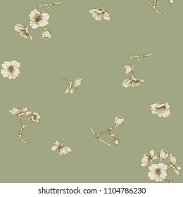 Seamless pattern, background with blooming cherry japanese sakura in vintage green olive and beige colors. Stock vector illustration. 