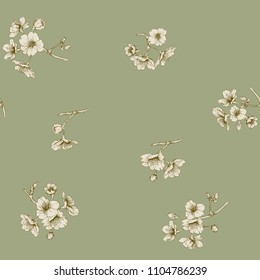 Seamless pattern, background with blooming cherry japanese sakura in vintage green olive and beige colors. Stock vector illustration. 