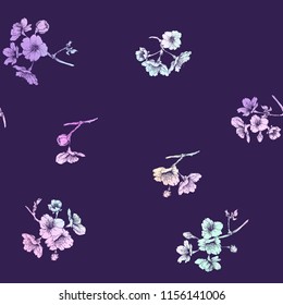 Seamless pattern, background with blooming cherry japanese sakura in soft rose pink colors. Stock vector illustration on dark ultra violet background.