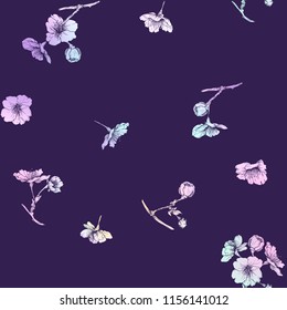Seamless pattern, background with blooming cherry japanese sakura in soft rose pink colors. Stock vector illustration on dark ultra violet background.