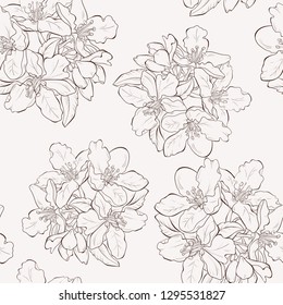 Seamless pattern, background with blooming cherry japanese sakura. Outline drawing.