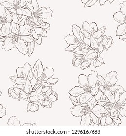 Seamless pattern, background with blooming cherry japanese sakura. Outline drawing. Hand-drawn contour lines and strokes.