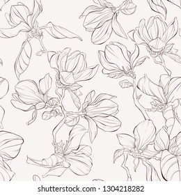 Seamless pattern, background with blooming magnolia flowers. Outline drawing.