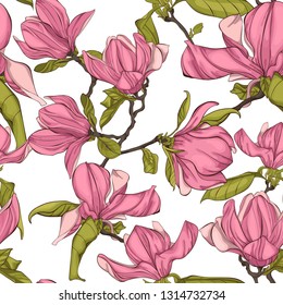 Seamless pattern, background with blooming magnolia flowers.