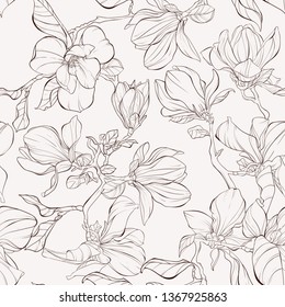 Seamless pattern, background with blooming magnolia flowers. Outline drawing.