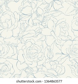 Seamless pattern, background with blooming rose flowers. Outline drawing. Vintage ornament.