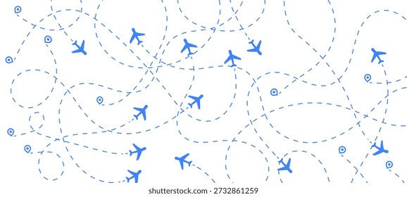 Seamless pattern background with blue airplane icons and dashed flight routes. Abstract concept for travel, aviation, global logistics, and transportation.