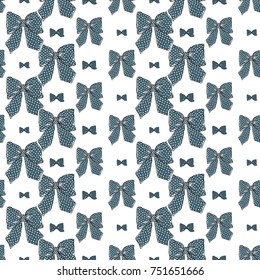 Seamless pattern background with blue bows. Vector backdrop for holiday decorating greeting cards for wedding, bridal, birthday, Valentine's day, new year, Christmas.