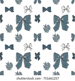 Seamless pattern background with blue bows. Vector backdrop for holiday decorating greeting cards for wedding, bridal, new year, Christmas.