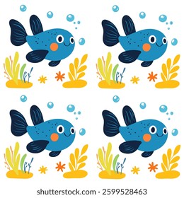 Seamless pattern background of a blue cute smiling fish in the sea with algae