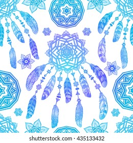 Seamless pattern background with blue feathers. Vector illustration.