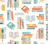 Seamless pattern background with books, glasses and mugs. Reading themed hand drawn vector illustration.