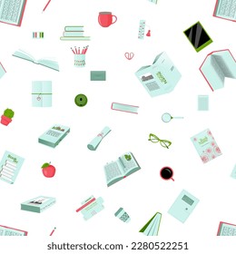 Seamless pattern background with books, glasses and mugs. Reading themed hand drawn vector illustration.