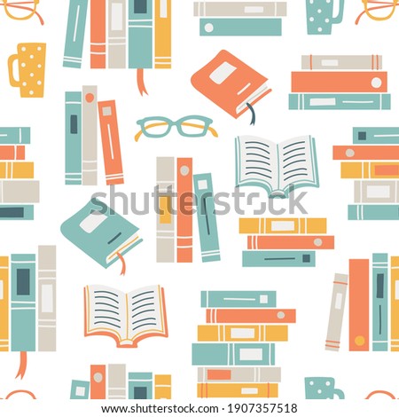 Seamless pattern background with books, glasses and mugs. Reading themed hand drawn vector illustration.