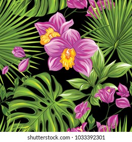 Seamless pattern, background with bougainvillea,  orchid, palm and monstera on black background. Hand drawn colorful vector illustration without transparent and gradients.