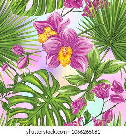 Seamless pattern, background with bougainvillea,  orchid, palm and monstera on vanilla background. Hand drawn colorful vector illustration without transparent and gradients.