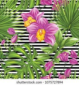 Seamless pattern, background with bougainvillea,  orchid, palm and monstera on b&w stripes background. Hand drawn colorful vector illustration without transparent and gradients.