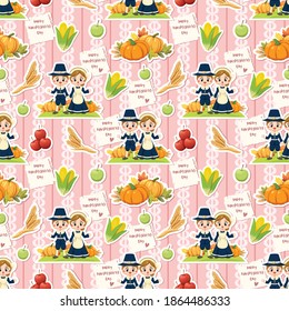 Seamless pattern background with a boy and girl holding a pumpkin